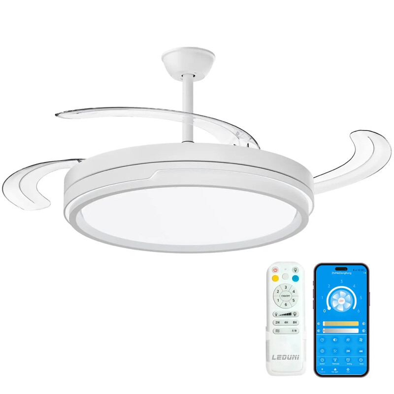 LEDUNI Deckenventilator mit LED-Licht Madera Ø 50 cm, Fernbedienung + App, DC-Motor + LED, 66 W, 4 einziehbare Flügel, CCT, leise. CCT 3000 K/4000 K/6000 K; Sommer-/Winterumkehr; Fernbedienung + App; Ø 107 cm ausgeklappt; Innenbereich.