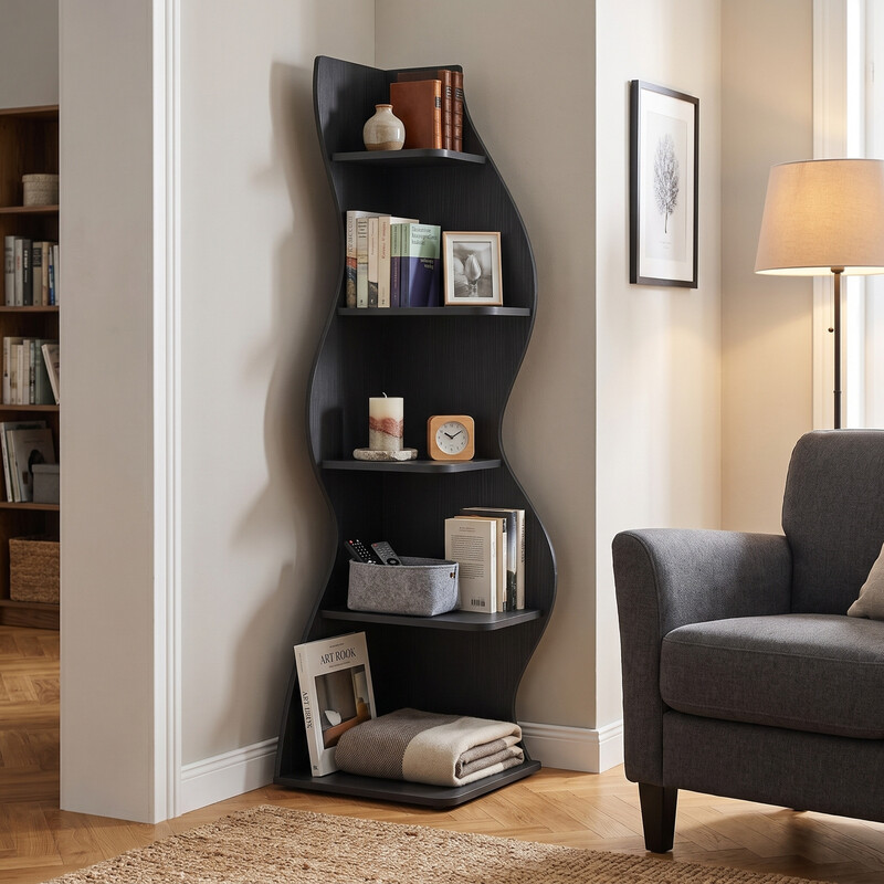 Eckregal mit 5 Ebenen, modernes Eck-Bücherregal für die Wand, schwarz
