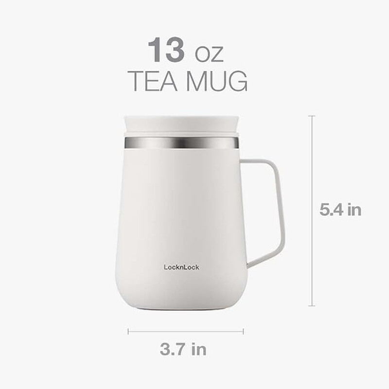 LocknLock Metro Vakuum isolierter Reisebecher, 400 ml, Elfenbein, Edelstahl doppelwandige Vakuumisolierung/12 h heiß/24 h kalt/integrierter Teesieb/dicht schließender Verschluss/anti-Rutsch-Silikonfuß/BPA-frei/nur Handwäsche