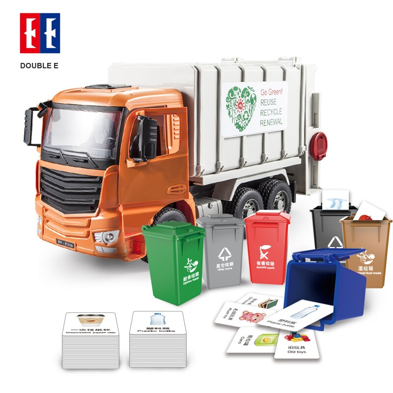 DOUBLE E Müllwagen Spielzeug für Kinder: Manueller Müllwagen mit 6 Behältern & 100 Karten, ideale Geschenk für Kinder ab 3 Jahren.
