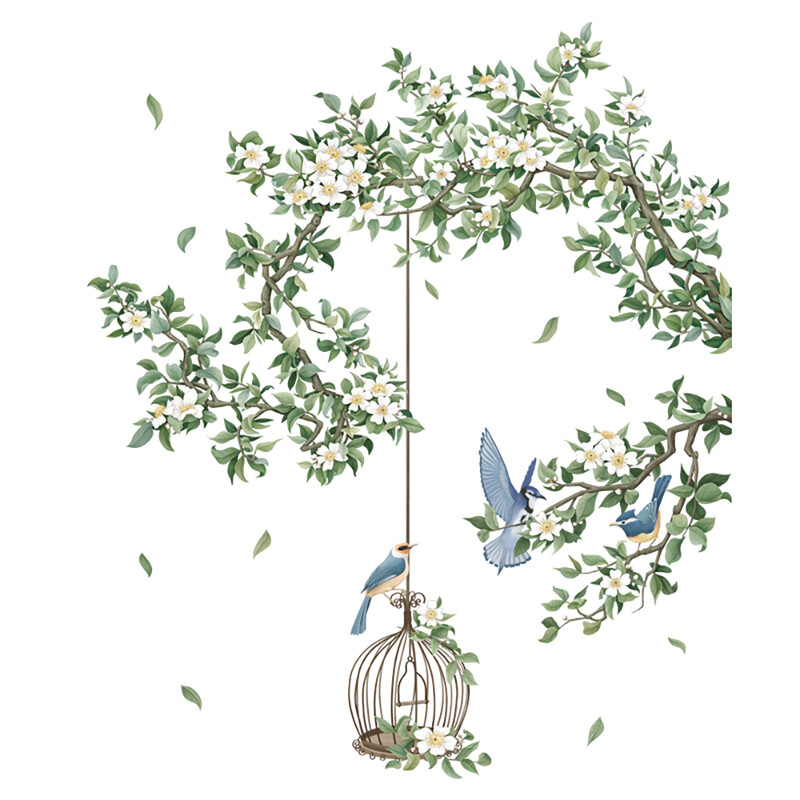 Colorful Flower Birdcage Flying Birds Wall Sticker Creative Home Decor Living Room De