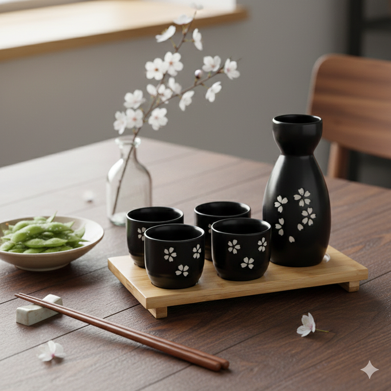 Japanese Sake Set with 4 Glasses - Black with Sakura
