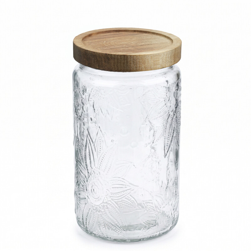 700ml Begonia Flower Design Glass Storage Jar with Airtight Lid, Clear Glass Canister for Kitchen Pantry, Decorative Cookie Jar