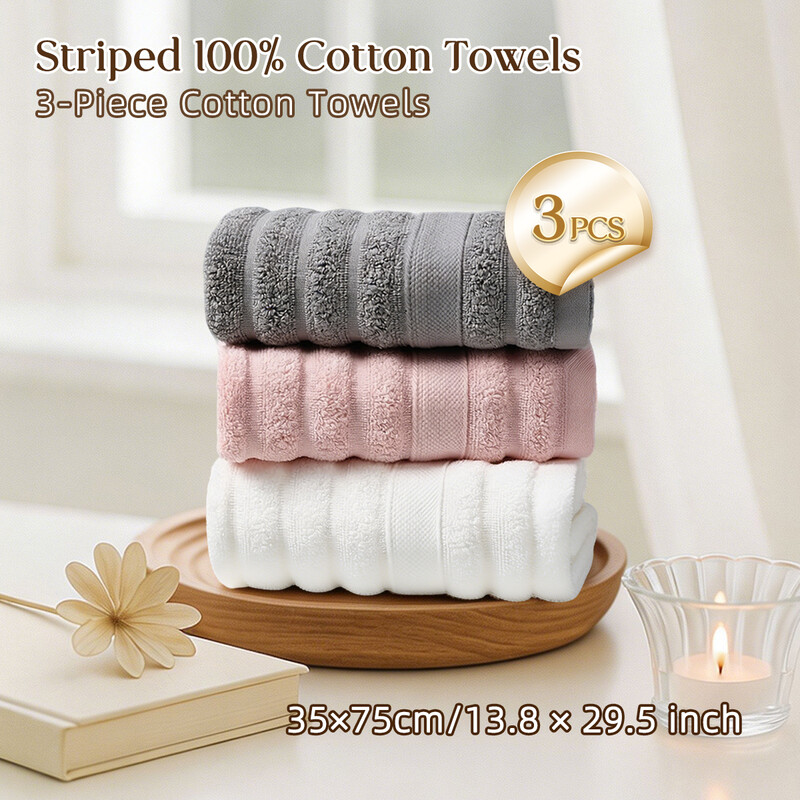 Lebonsoir 3-Piece Hand Towel Set, 100% Cotton, Absorbent and Soft, 3 x Hand Towels (35 x 75 cm),ribbed striped design, White/Pink/Grey
