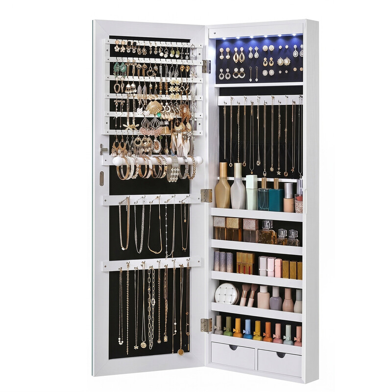 JOYFURNOS 6-LEDs spiegel-sieradendoos, 119,9 cm hoog, afsluitbaar, wand- of deurmontage, sieradenorganizer, wit
