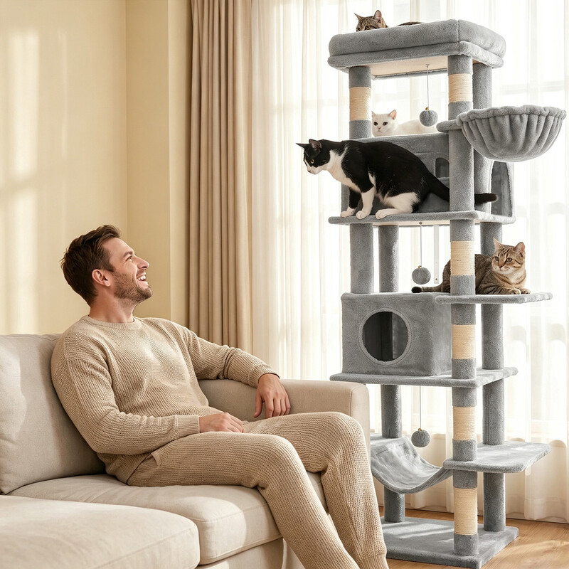 Versterkte kattenboom | 8 natuurlijke sisalpalen, dubbele kattenhuisjes en hangmat, geschikt voor alle kattenrassen en meerkattenhuishouden