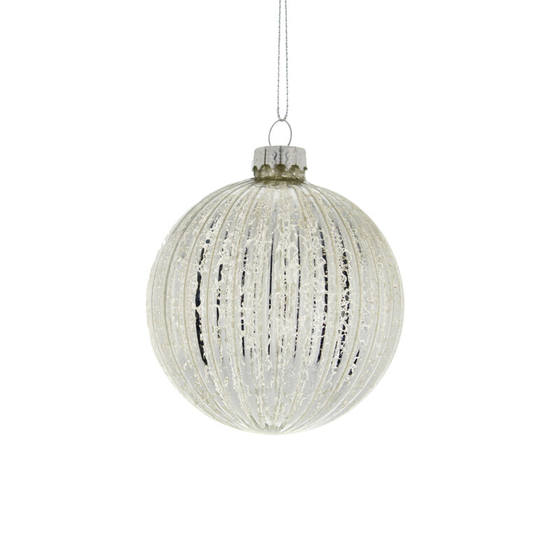 Festive Christmas Antique Silver Ornament: 8Cm Horizontal Ribbed Glass Ball Decor for Seasonal & Party Events
