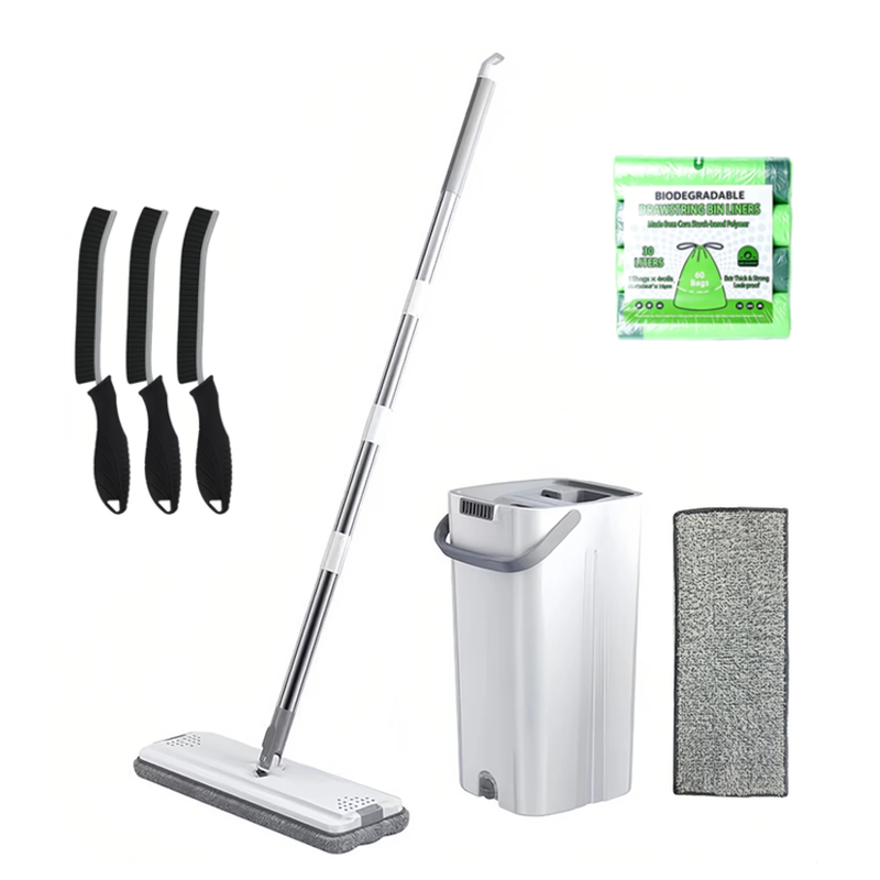 [Reinigungsset] JORDAN&JUDY 28 cm Schwammmopp (mit 2 Köpfen) + biologisch abbaubare Müllbeutel mit Kordelzug, 30 L + JORDAN&JUDY Langer Stiel Fugenaufreinigungsbürste - Blattgriff 3er-Pack