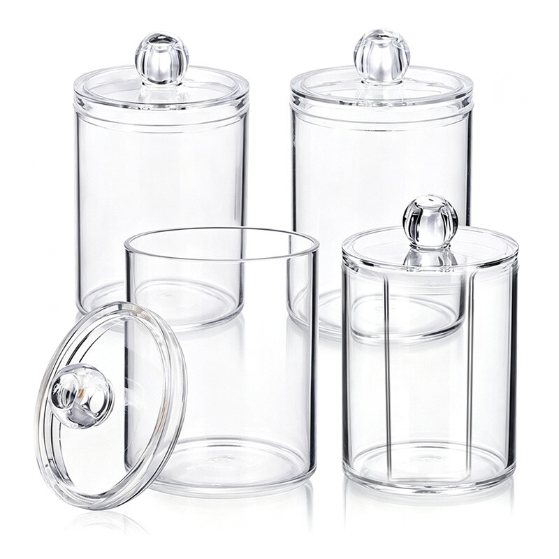 JORDAN&JUDY Transparente Aufbewahrungsbox aus Acryl, Schachtel für Wattepads und Zahnseide, Schreibtisch-Organizer (3x rund + 1x mit seitlicher Öffnung)