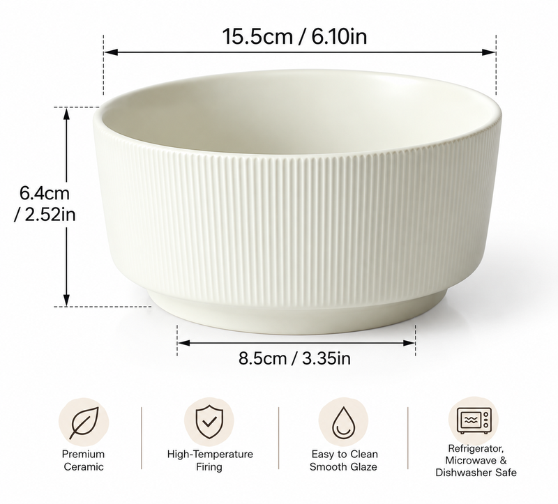 JIWOO Nordic Style 6 Zoll – 1 mittelgroße, elegante, weiß gestreifte Porzellanschüssel – Reisschüssel, Schüssel für den Mitternachtssnack, Suppenschüssel, Frühstücksschüssel