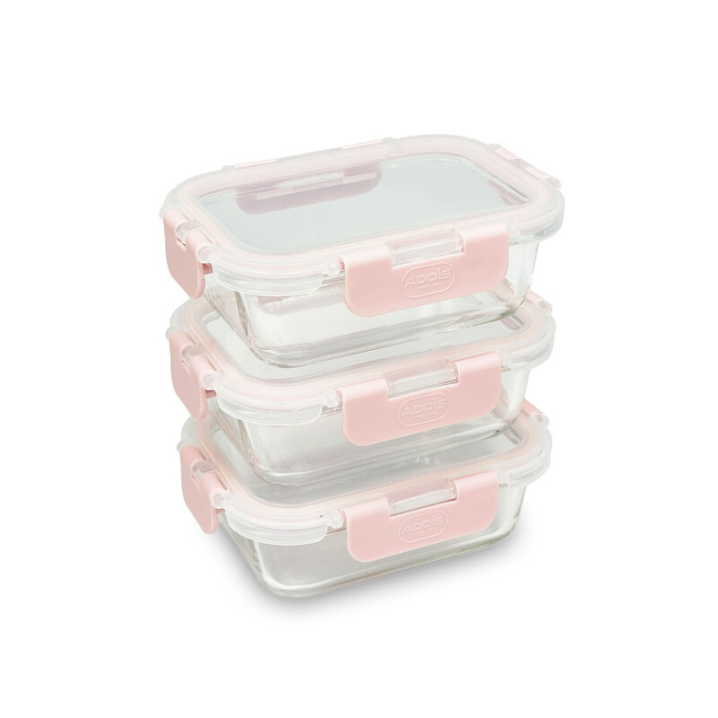 Addis Glass Food Storage Containers, 370ml, Dusty Pink, Set of 3