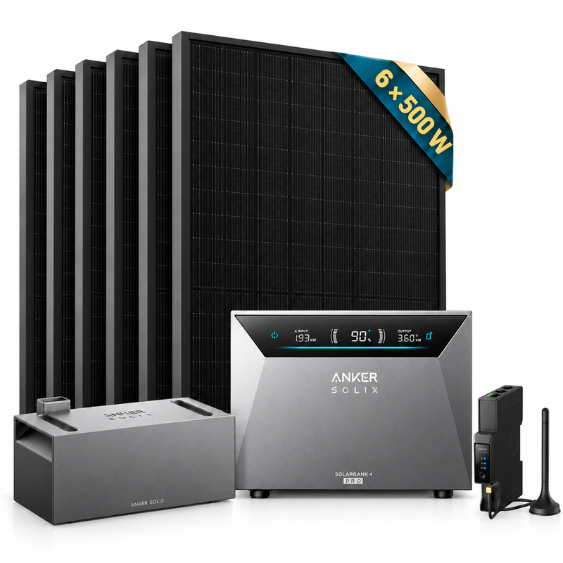 Anker SOLIX Solarbank 4 Pro Bundle mit BP2700 Erweiterungsbatterie, SKYWORTH 3000 W Solarkit (6 x 500 W Solarmodule) und Anker SOLIX Smart …