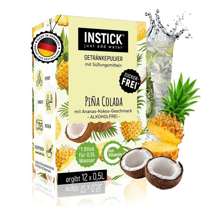 INSTICK Zuckerfreies Instant-Getränk (Piña Colada) - 1 Packung für 12 x 0,5-1 L - Veganes Getränkepulver Kalorienarm & Vitamin C - Instant-Pulver