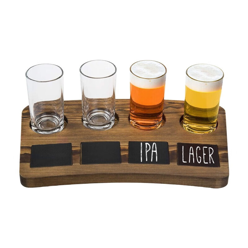 MyGift Bier-Verkostungs-Set - Vier 6 oz Pilsner-Gläser mit dunkelbraunem Holz-Serviertablett und Tafelfolien-Etiketten