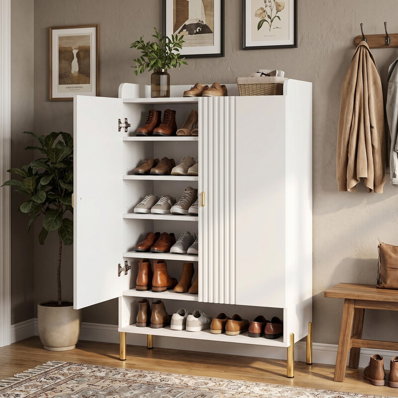 Schuhschrank mit 6 Ebenen, höhenverstellbaren Regalen und Türen, Weiß, für Flur & Wohnzimmer