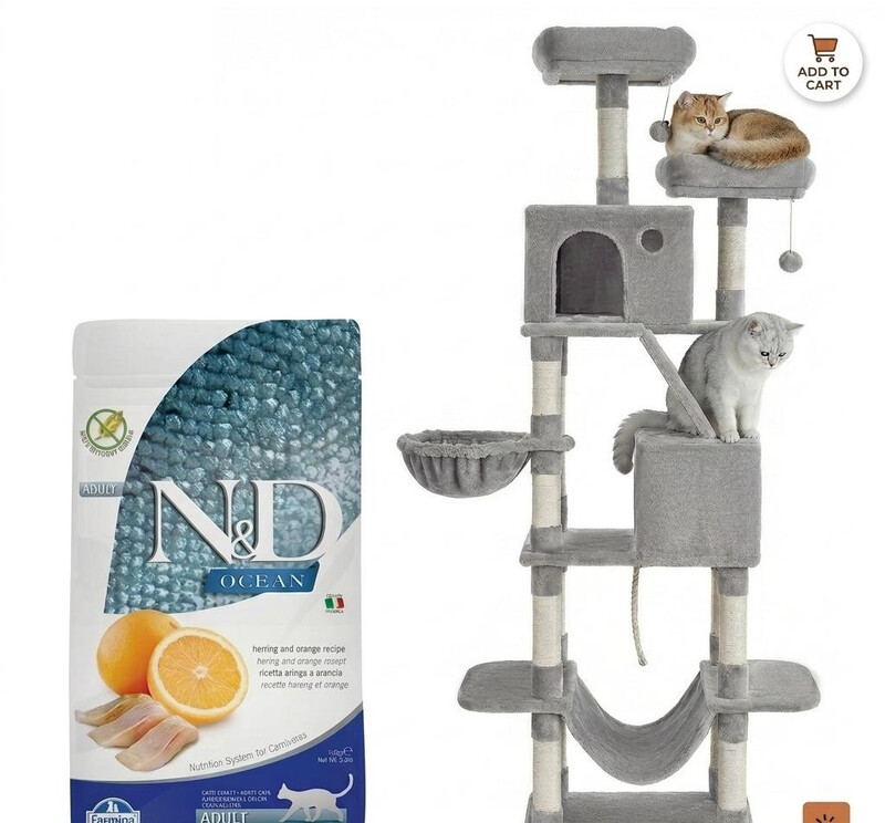 Farmina N&D Ocean Katzenfutter Hering & Orange 1,5 kg und Kratzbaum 206 cm Großer Katzenturm mit 13 Kratzsäulen, 1 Kratzrampe, 2 Plattformen, 2 Höhlen, Korb, Hängematte, Pompons
