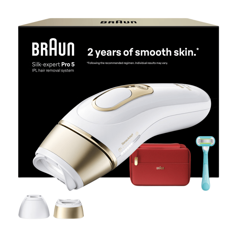 Braun Ipl Silk·expert Pro 5 Pl5221, At Home Ipl Hair Removal, 2 Attachment Heads, White/Gold