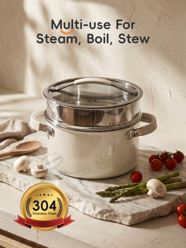 PURECOOK 304 Steam & Soup Pot Series | 304 Tri-Ply Stainless Steel Straight Soup & Steamer Pot with Milky White Steel Lid