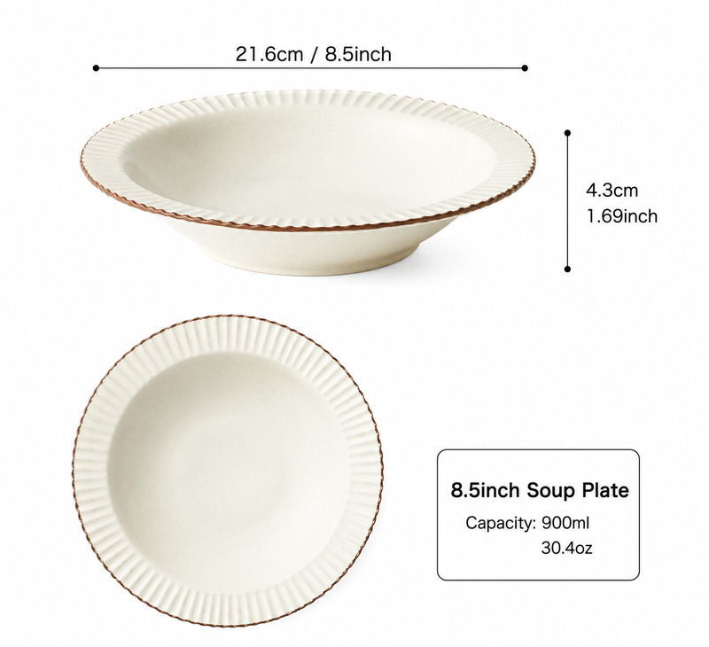 JIWOO Collins 8,5" Suppenteller Glänzendes Beige mit braunem Rand 1 Stück