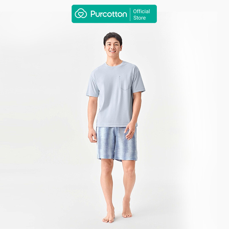 Purcotton Men's Cooling Knit Top & AirySoft Gauze Shorts Loungewear Set - Cool & Breathable - Lightweight & Fluffy - Comfortable at Home - Cloud Water Blue - Top: 185/104A; Bottoms: 185/92A