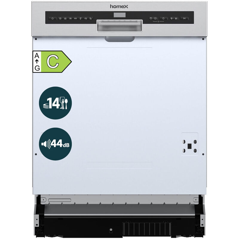 homeX DWSI601444C Teilintegrierter Geschirrspüler – 60 cm, 14 Maßgedecke, 7 Programme, AquaStop, 44 dB, Besteckschublade, AutoDoor, Silber