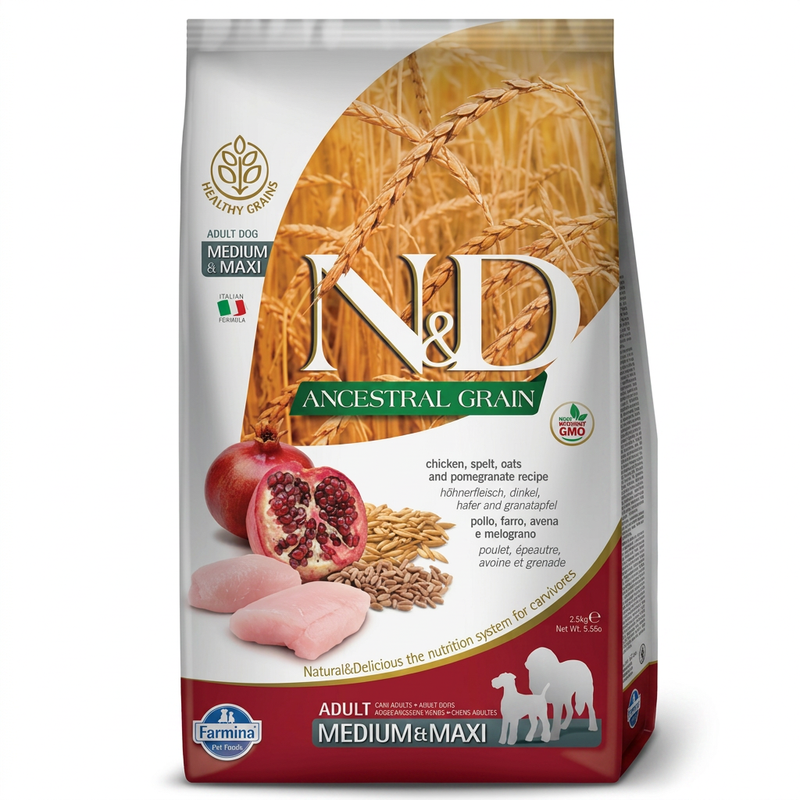 Farmina Heritage Grain volwassen hondenvoer, medium/groot formaat, 2,5 kg, kip, spelttarwe, havermout en granaatappelsmaak