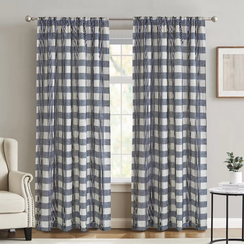 MEROPE Polyester-linnenmix Owen geruite gordijnen 136x250cm blauw/wit 2-pack