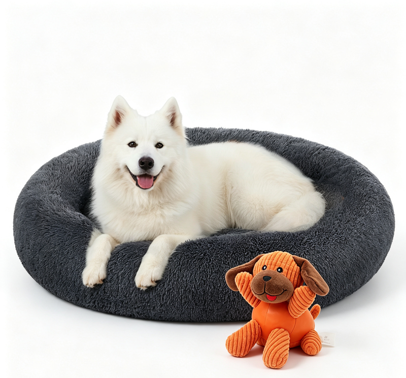 JOYFURNOS Zacht pluche kalmerend hondenbenchbed met afneembare, machinewasbare hoes, donkergrijs, 120 x 20 cm en hondenpluche speeltjes met kraak, dik corduroy & natuurlijk rubber