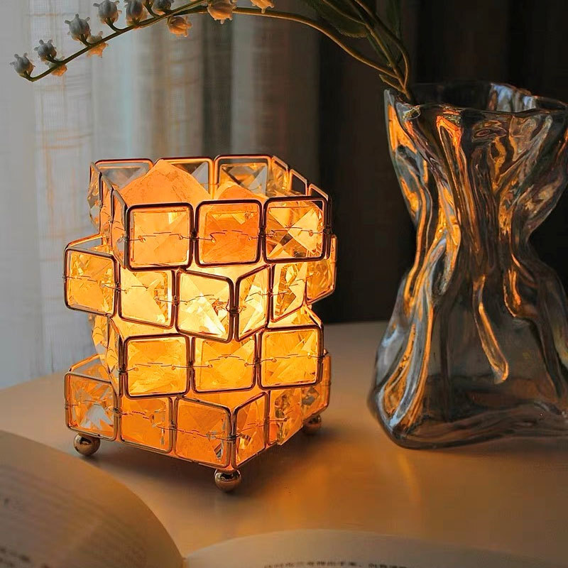 Himalayan Cube-Shaped Crystal Salt Lamp with Wooden Base - 12*13cm, 1pcs