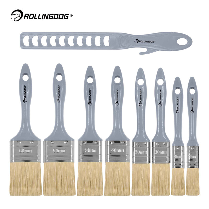 ROLLINGDOG 9-delige borstelset (20/30/40/50 mm), roestvrijstalen hulzen, roerder, voor water-/olieverf, platte kwasten voor trimmen, meubels, kasten, knutselen, touch-ups, doe-het-zelf.