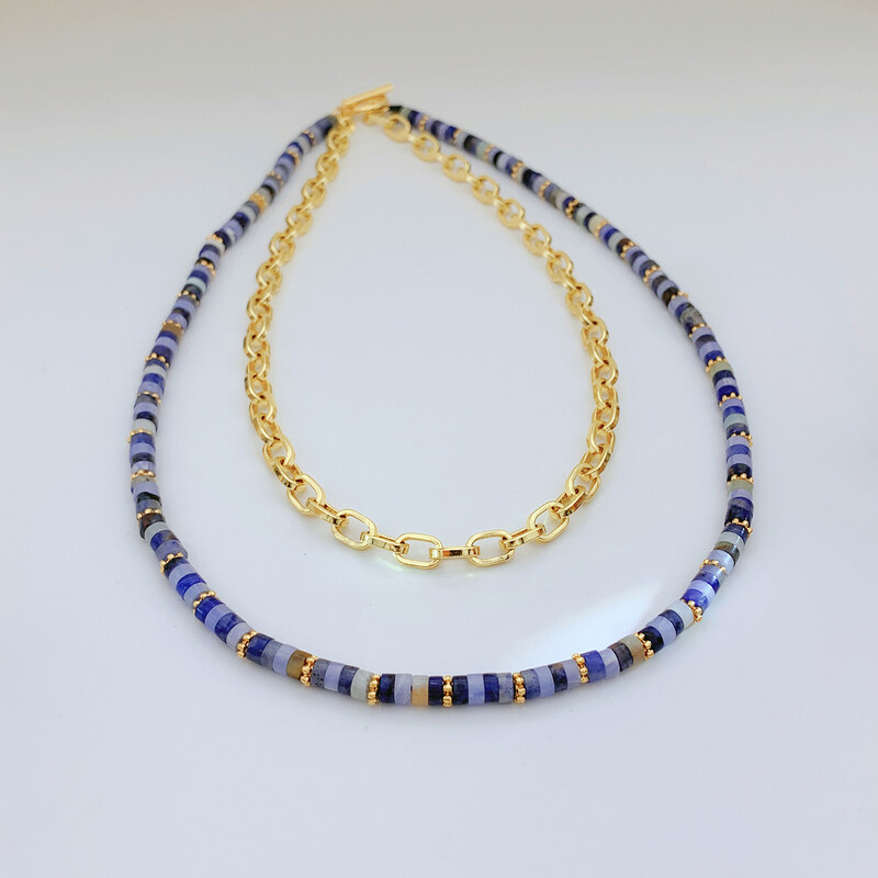 Double Layer Semi-Precious Stone Necklace Set, 14"/17.5" 18K Gold Plated