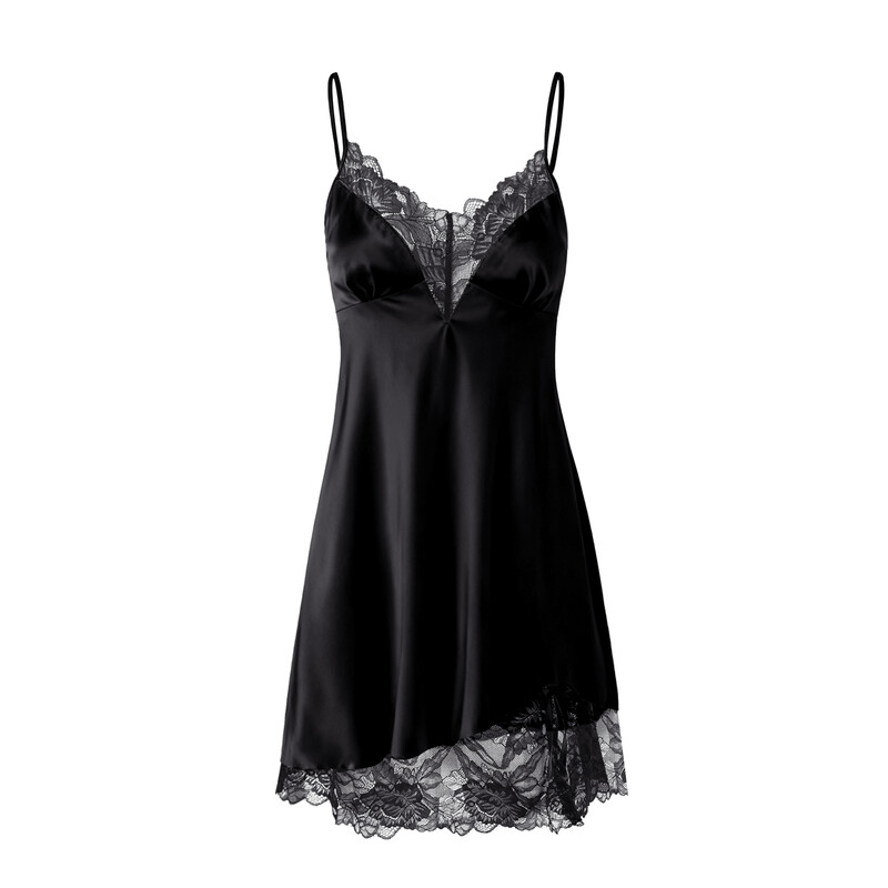 wide lace v-neck black silk-like suspender dress L