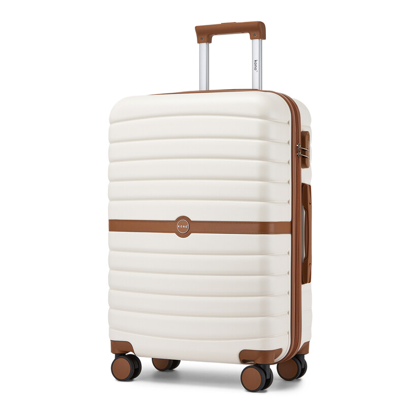 Kono 24 Zoll Gestreifter ABS+PC Hartschalen-Mittelkoffer mit TSA-Schloss und leisen Spinner-Rollen für Gepäckreisen (Creme/Braun)