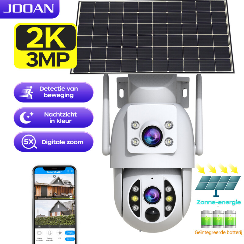 JOOAN Zonnecamera ' s Openlucht draadloos voor huisbeveiliging, 2k de dubbele Camera van Lens WiFi 360° mening 9000mAh Batterij Aangedreven PIR mens ontdekt Waarschuwingsalarmverslag,de nacht van de Schijnwerperkleur, wolk / Kaartverslag