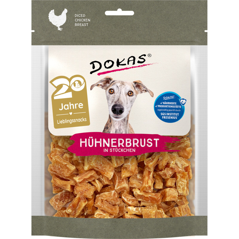 DOKAS – Hühnerbrust in Stücken 170g – Premium Hundesnack – Hochproteinhaltig (57%), Getreidefrei, Ohne Zuckerzusatz – Certified Humane Hühnchen