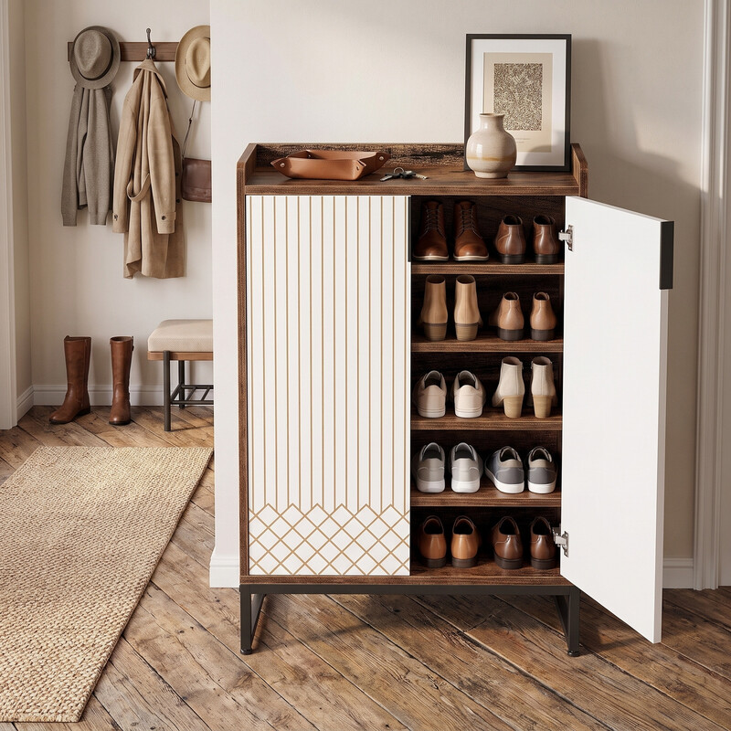 LANTINE Schuhschrank mit 2 Türen, 5 Ebenen, für bis zu 25 Paar Schuhe, Weiß mit goldenem Metallrahmen, 73 x 35 x 105 cm