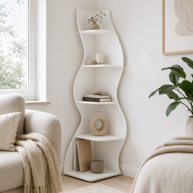 LANTINE Eckregal, modernes 5-stöckiges Wand-Eckregal, stilvolles kleines Eckregal Aufbewahrungsregal Pflanzenständer mit einzigartiger Form für Wohnzimmer, Home-Office (Weiß, 1 Stück)