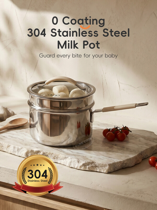PURECOOK Milk & Stew Pot | Tri‑Ply 304 Stainless Steel | With Lid & Steamer Insert | Detachable Anti‑Scald Silicone Sleeves | Mirror Polished Exterior | Brushed Inner Surface | Elegant Metallic Look | Compact 18cm(7‑Inch) | For Baby Food & Single‑Household | 2.5 QT | All Cooktops | Free from PFAS, PTFE and PFOA
