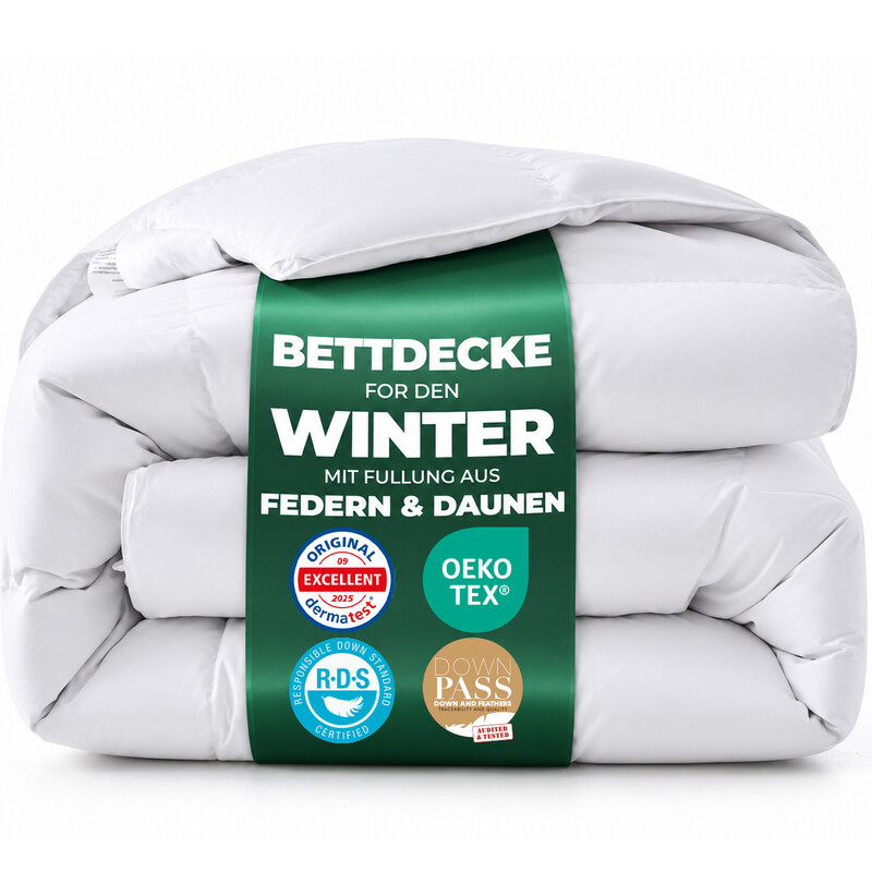 DOWNFOCUS 13,5 Tog Winter Daunenbettdecke mit Daunen- und Allergieschutz 100 % Baumwollbezug, 200x200 cm, Extra flauschige Bettdecke mit 8 Bändern & Klemmen, Füllmaterial 10 % Daunen & 90 % Federn, Füllgewicht 2600 g