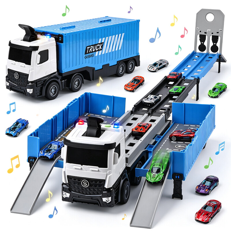 Portable Blue Transport Truck Toy Set with 8 Diecast Race Cars, Foldable Dual Launcher Track, Sound & Light, Kids Birthday Gift Age 3-12
