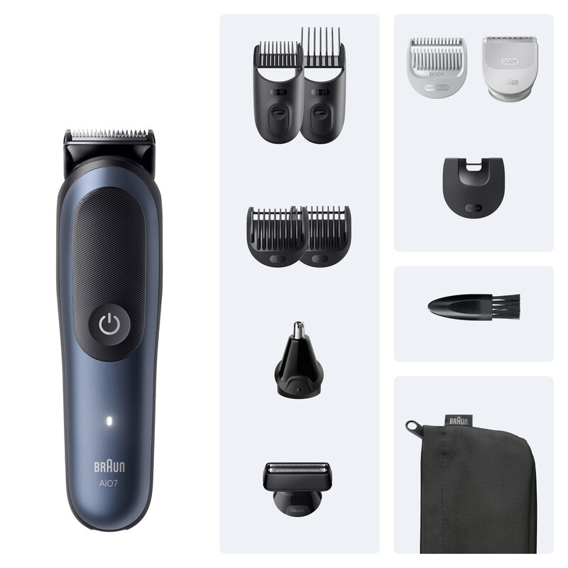 BRAUN All-in-One Series 7 11-in-1 Herren-Pflegeset, ProBlade mit AutoSense, SkinGuard & AquaGrip, 14 Längeneinstellungen (0,1-21 mm), 100 % wasserdicht, 120 Minuten kabellose Laufzeit, Hergestellt in Deutschland, Mit Ohren-Nasen-Trimmer & Reiseetui
