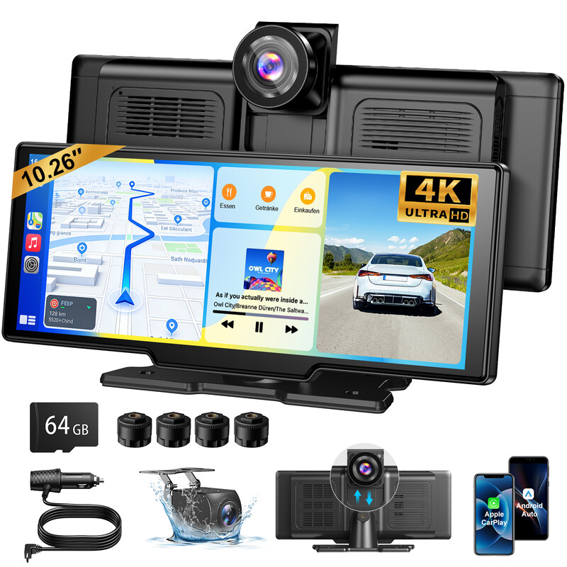 【Herbst‑Special】ESSGOO 10,26 Zoll kabelloses tragbares CarPlay Display, 4K Dashcam, 1080P Rückfahrkamera, kabelloses Apple CarPlay, Android Auto, IPS Touchscreen, Bluetooth 5.3, Mirror Link, GPS, FM, AUX, Sprachsteuerung, 64GB TF Karte, einfache und schne