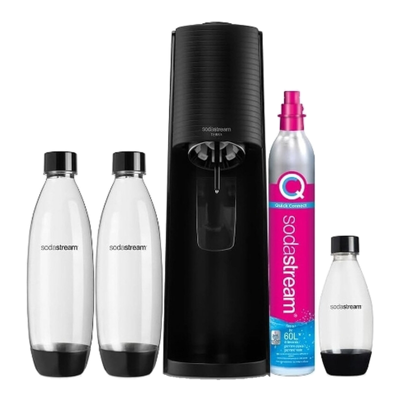 SodaStream Wassersprudler Terra Black Value Pack x3 mit 2 × 1 L und 1 Flasche à 1/2 L Spülmaschinenfest und 1 Quick Connect Zylinder, Acryl, Schwarze Erde