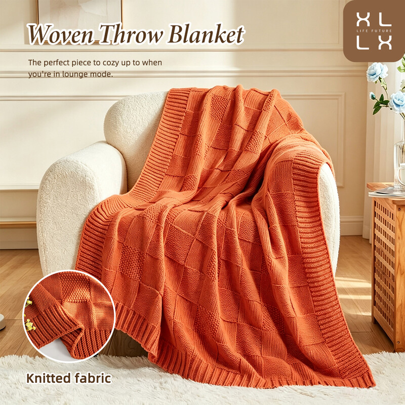 XLLX 1 stuk gebreide plaid, zacht getextureerd schaakbordpatroon, knusse warme oranje gebreide deken voor bank, sofa, bed, thuis- en kampeergebruik, 150×200 cm