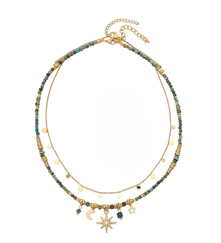 16-Inch Double Layered Necklace, Natural Gemstones and Stainless Steel Gold Plated Ch