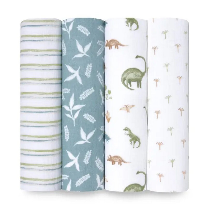 Essentials Cotton Muslin Swaddles 4 Pack Dino Jungle