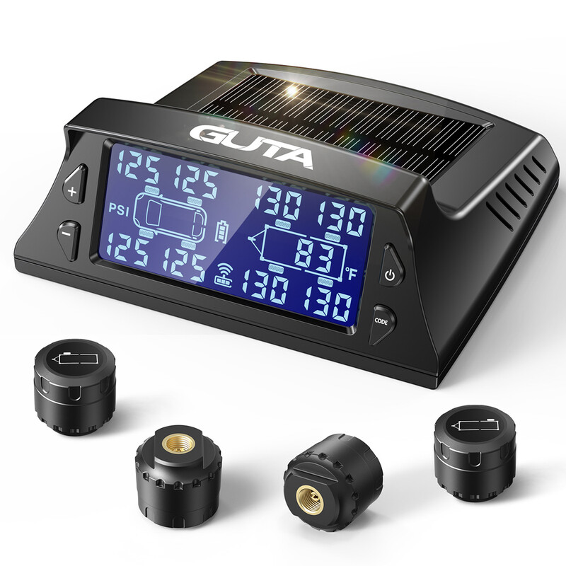 GUTA Bandenspanningscontrolesysteem voor campers/aanhangers met 4 sensoren, 0-188PSI TPMS, opladen via zonne-energie, 6 alarmmodi, automatische slaapmodus, LCD-scherm, geschikt voor bandenspanningscontrolesysteem voor campers/aanhangers/opleggers, GT40+4G