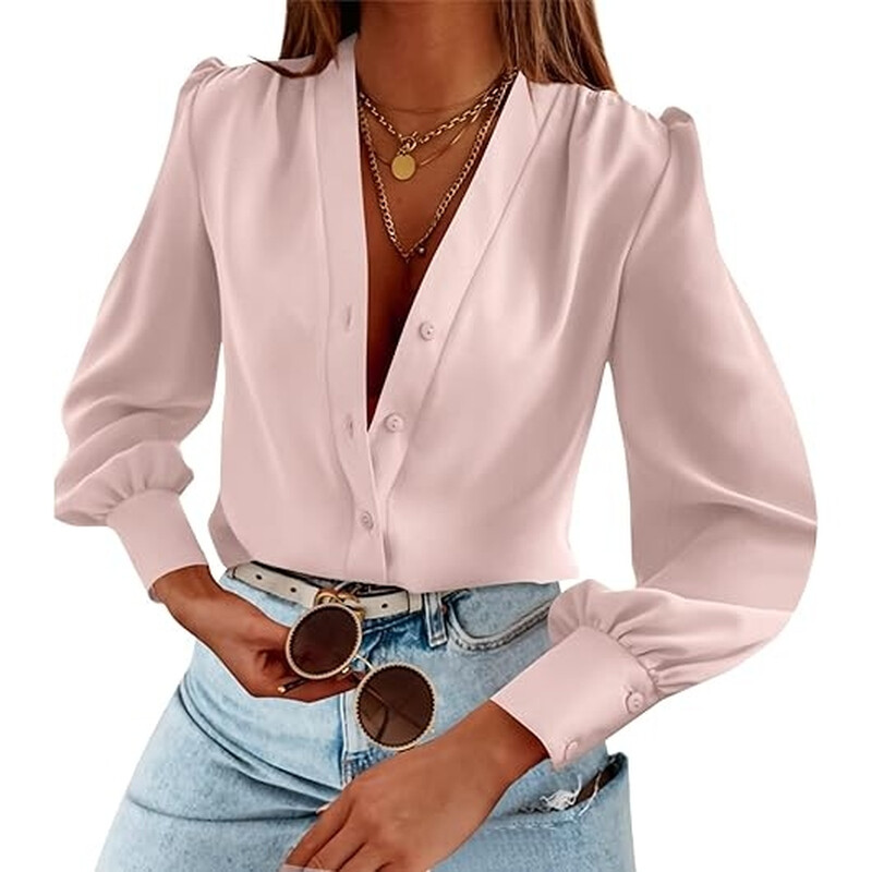 Women's Business Casual Tops Summer Long Sleeve Silk Button Down Shirts V Neck Chiffo