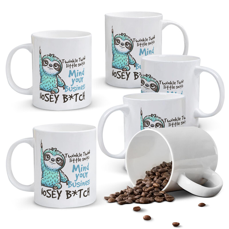 1pc 11oz White Mug with "Mind Your Business" & "NOSEY B*TCH" Quote, Sassy Sloth Desig