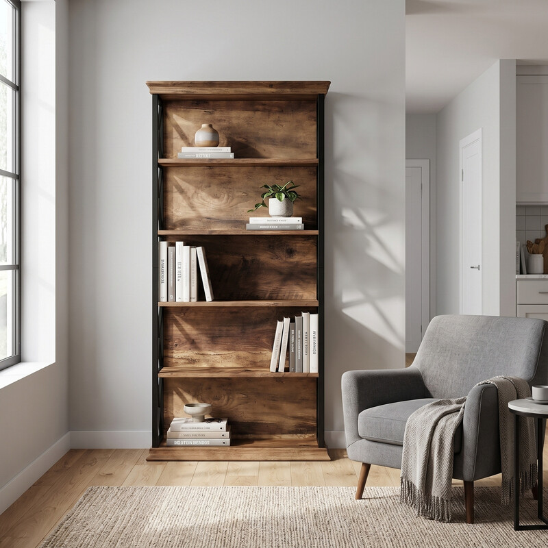 Bücherregal, 180 cm hohes Stehbücherregal, 6-stufiges Holzbücherregal, offenes Vitrinenregal mit Metallrahmen für Wohnzimmer, Heimarbeit, Industriedesign, Vintage-Braun